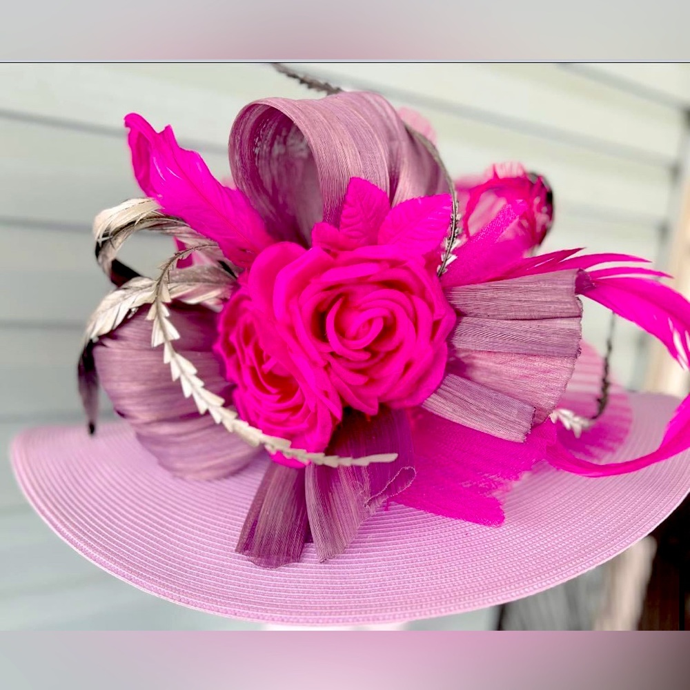 Derby hat. Pink and purple derby hat. Wide brimmed hat. Silver hat. Pink hat